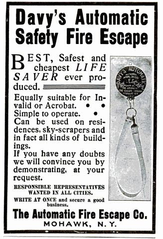 largely intact early 20th century american commercial building wall-mount "davy" fire escape device with original lithographed steel canister