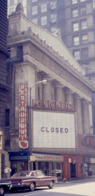 original c. 1922 historically important monogrammed theater seat end removed from the non-extant mcvickers theater prior to demolition in 1985