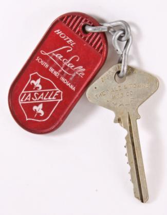 original and remarkably intact c. 1921 historic salvaged hotel lasalle yale original room key w/ red plastic key fob
