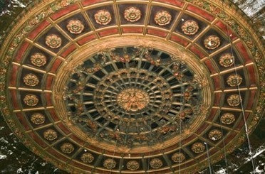 nicely framed original late 1920's american interior polychrome enameled cast plaster ceiling rosette salvaged from the lawndale theater
