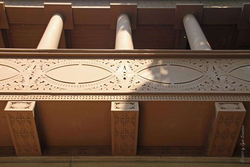 late 19th century american james charnley residence exterior brown painted pine wood exterior balcony frieze panel with intricate gothic style fret sawn design motifs