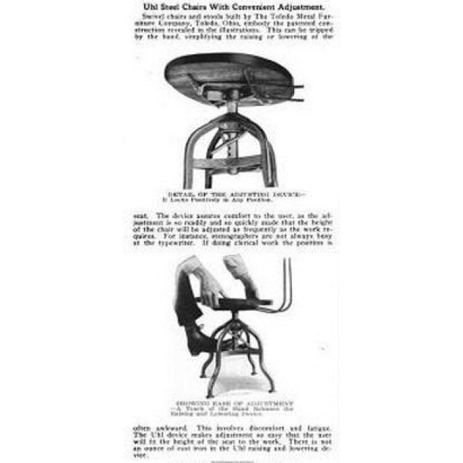 thoroughly cleaned and refinished antique american industrial mobile adjustable height "uhl art steel" toledo stool with maple wood seat and matching backrest