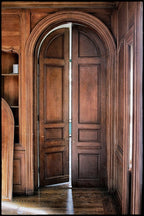 massive pair c. late 1920's original american dark-stained pine interior residential raised panel doors with arched or circle tops