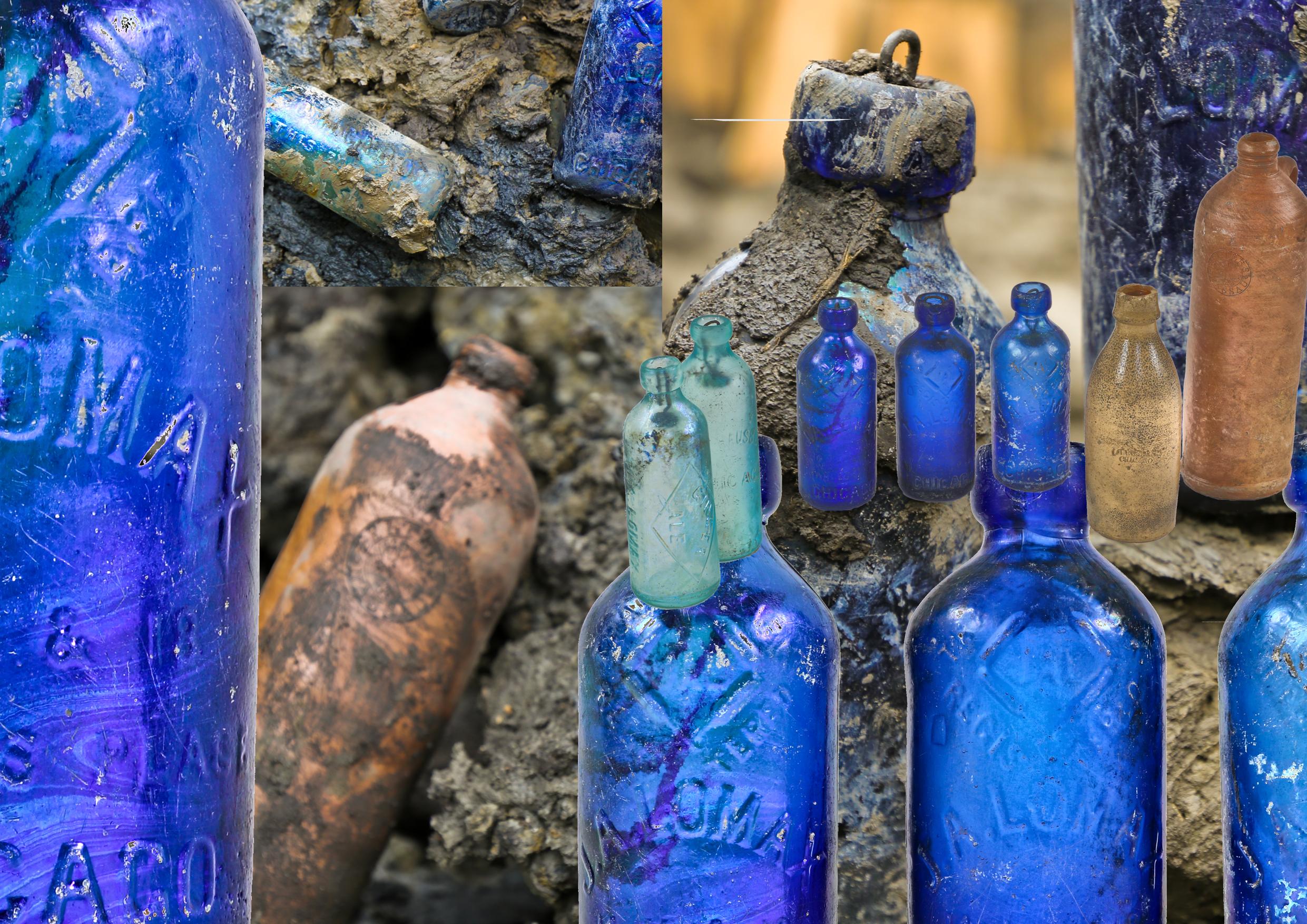 group of three original richly colored c. 1880's unearthed chicago john lomax cobalt blue soda or mineral water bottles with patented spring stoppers