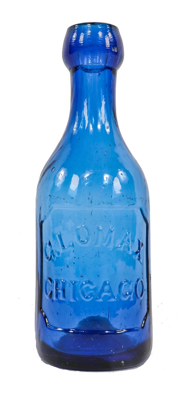 rare late 1850's american antique cobalt blue glass iron pontiled soda or mineral water bottle manufactured for bottler george lomax, chicago, il.