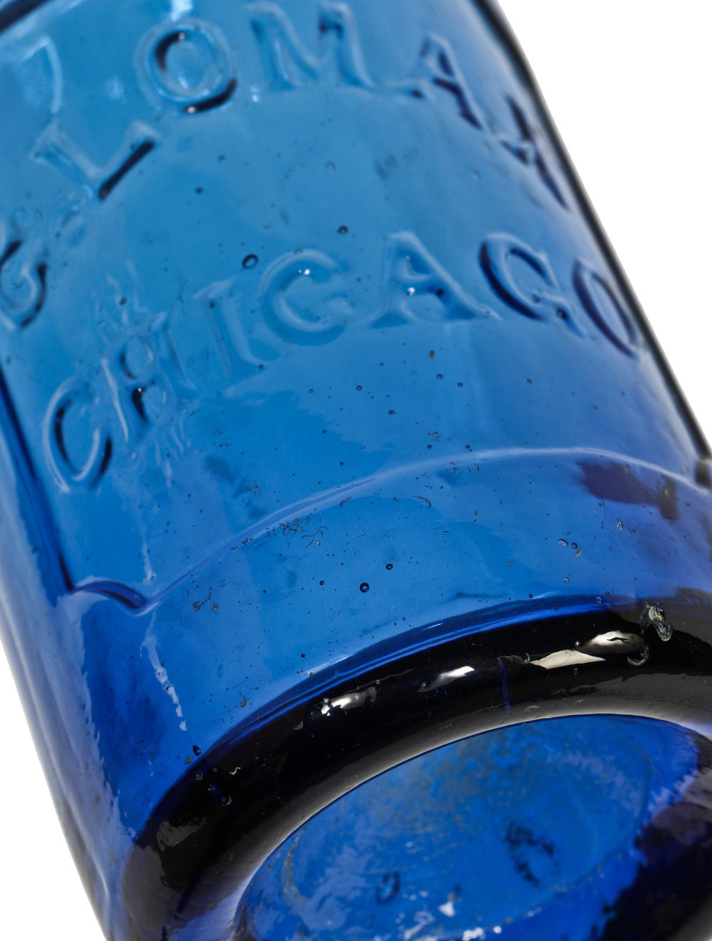 rare late 1850's american antique cobalt blue glass iron pontiled soda or mineral water bottle manufactured for bottler george lomax, chicago, il.