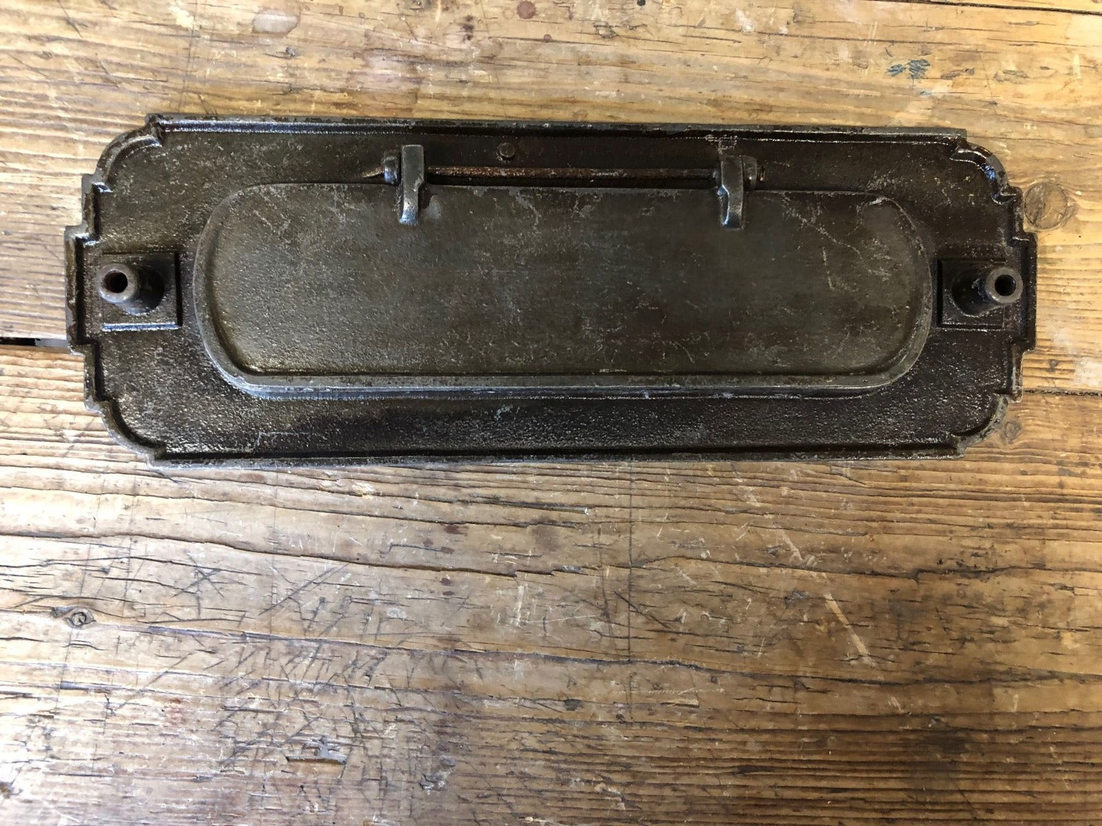 highly desirable 1880's oversized antique american ornamental cast iron exterior entrance door "mail" slot with intact hinged flap