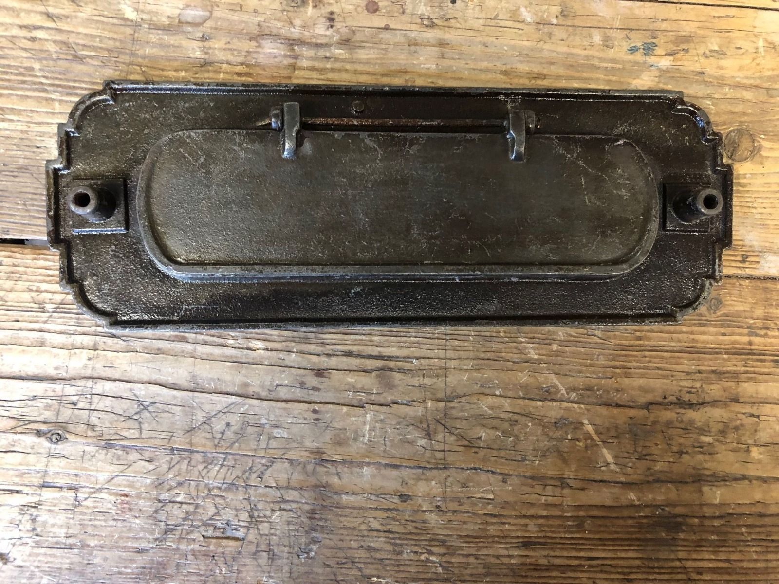 original late 19th century fully functional oversized cast iron "mail" letter slot from pabst brewing complex