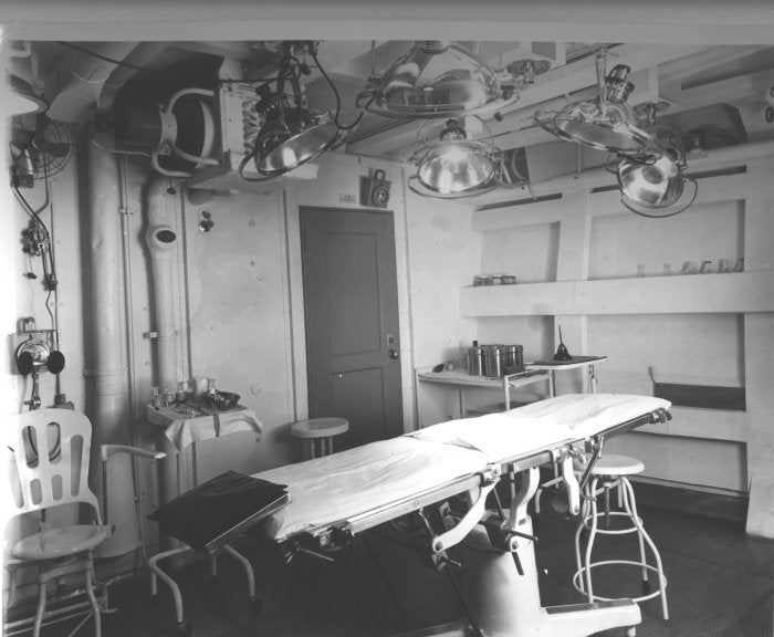 c. 1930's vintage medical spun yellow brass hospital operating room ceiling mount light with original tempered glass lens
