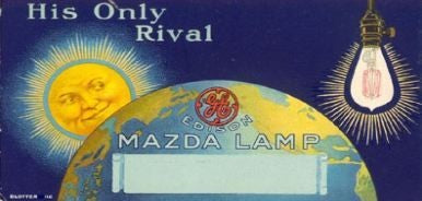 late 1920's original and largely intact oversized mazda brand shopfront hand-painted paper mache incandescent light bulb display