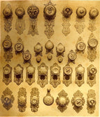 lot of original well-maintained ornamental cast bronze mccc/re matching doorknobs and backplates with swinging keyhole covers