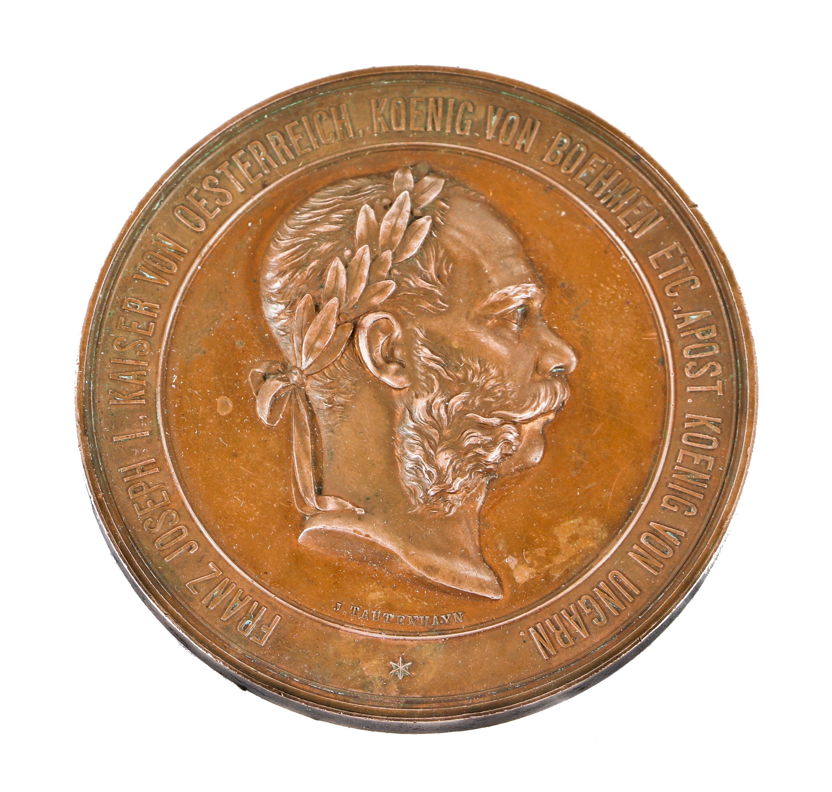 rare 1873 cast bronze austrian medal with heavily inscribed and high relief imagery manufactured to commemorate the world’s exposition at vienna.