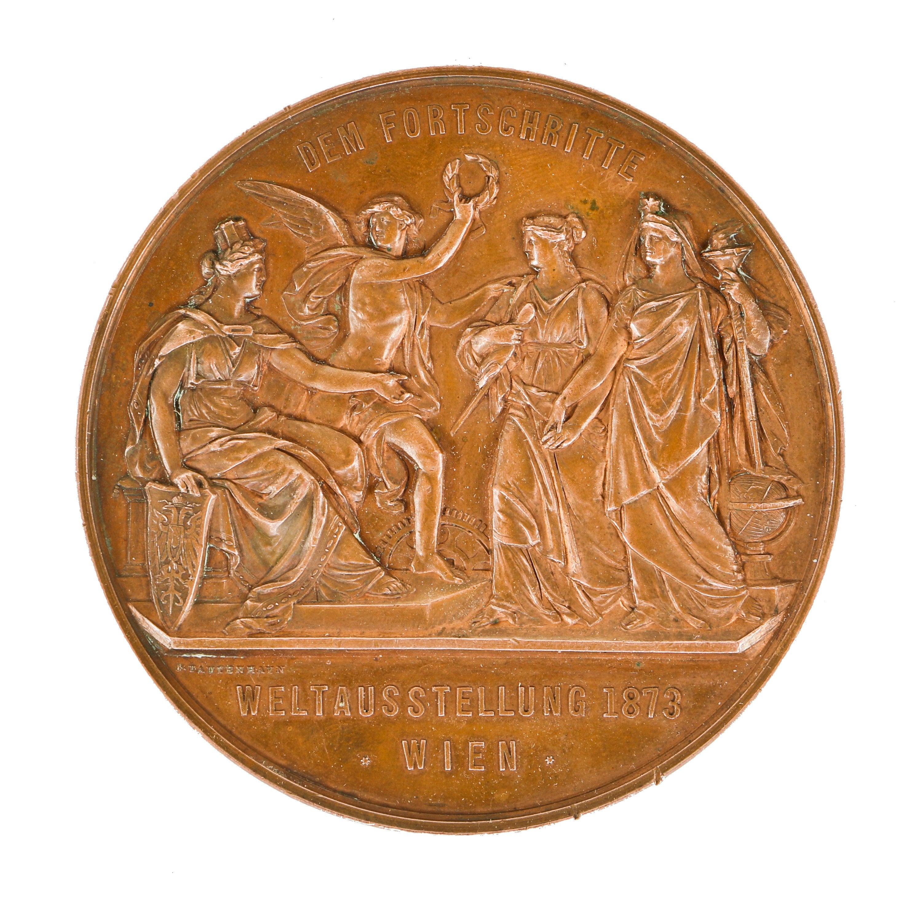 rare 1873 cast bronze austrian medal with heavily inscribed and high relief imagery manufactured to commemorate the world’s exposition at vienna.