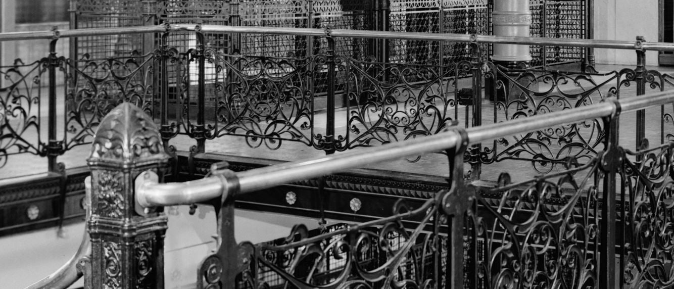 original and remarkably intact c. 1890 museum-quality antique american ornamental cast iron northwestern guaranty building atrium baluster panel
