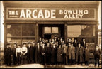 rare early 20th century cobalt blue porcelain enameled single-sided bowling alley building facade sign