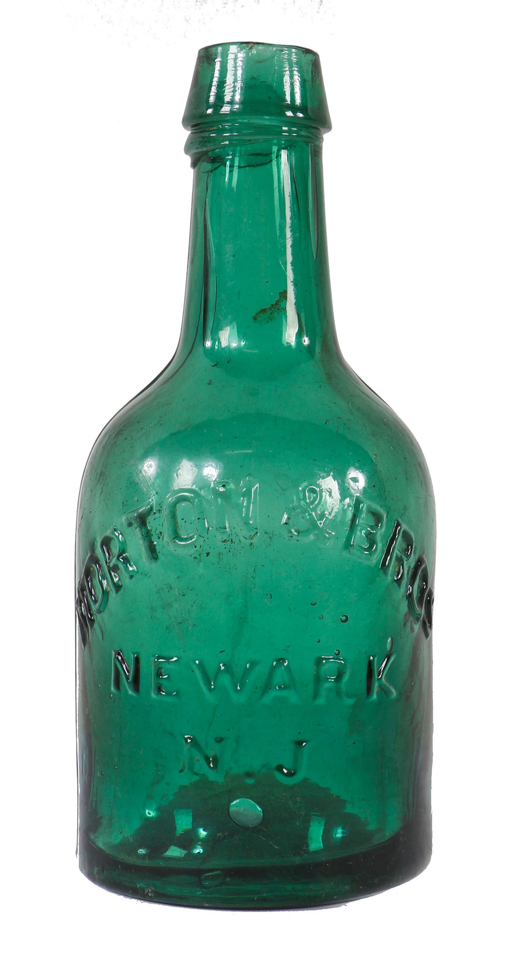 late 1850's original antique american dark emerald porter style morton & brothers soda or ale iron pontiled bottle with applied tapered collar