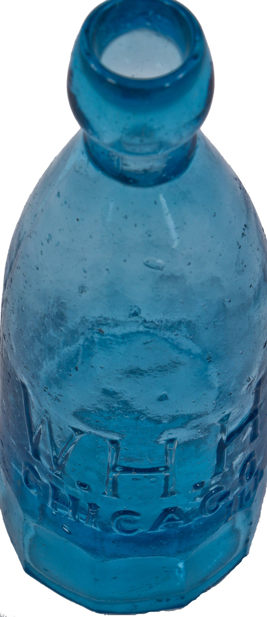original late 1860's privy dug cobalt blue glass "blob top" w.h.h. soda or mineral water "mug base" bottle fabricated for chicago bottler william h. hutchinson