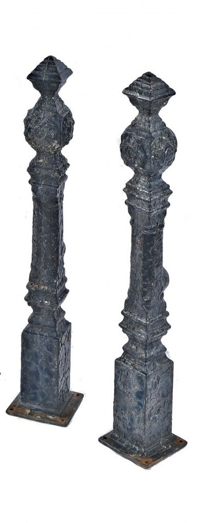 group of two 19th century ornamental black enameled cast iron freestanding salvaged chicago exterior new posts with distinctive pyramidal-shaped tops or finials