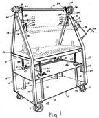 one of four nearly identical fully adjustable salvaged chicago three-tier heavy duty die cart or hand-crank table with perforated cast iron casters