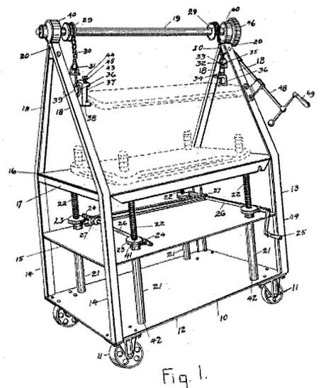 one of four nearly identical fully adjustable salvaged chicago three-tier heavy duty die cart or hand-crank table with perforated cast iron casters