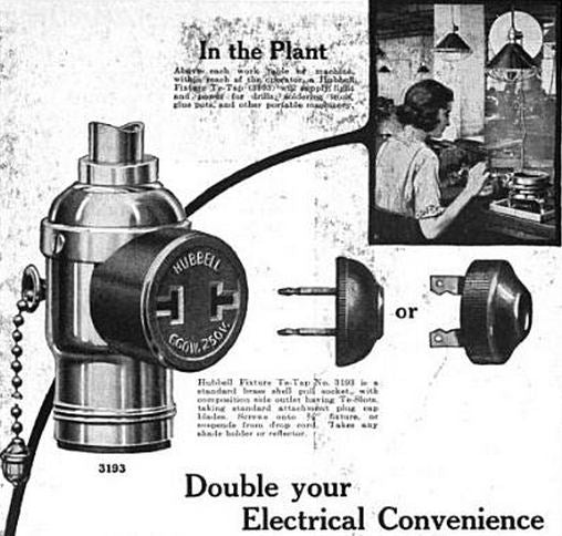 functional early 1920's american industrial "no. 3193" combination hubbell brand double outlet incandescent lamp socket with pull-chain