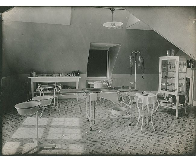 repurposed c. 1920's antique american medical stationary hospital operating room instrument and dressing shelving unit with newly added old growth wood boards