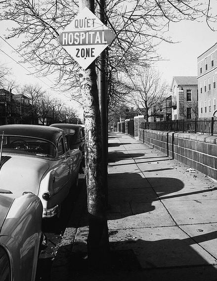 original very hard to find and highly desirable c. 1940's antique american heavy gauge stamped steel city of chicago cook county hospital "zone of quiet" notification sign