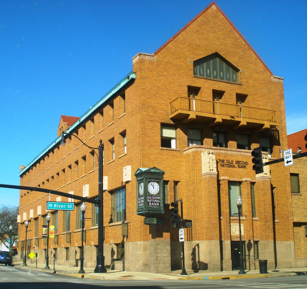 largely intact c. 1924 museum-quality george grant elmslie-designed old second national bank building art glass window with centrally located distinctive "v" design