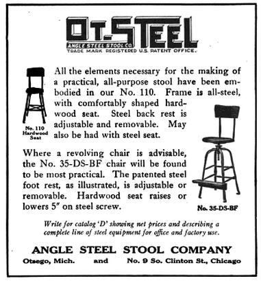 american 1930's antique industrial riveted joint angled steel four-legged factory machinist stool with original pine wood seat