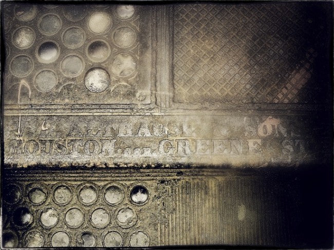 rare diminutive 19th century antique american industrial patented refinished cast iron city street utility access cover with intact sun-purple glass vault lenses