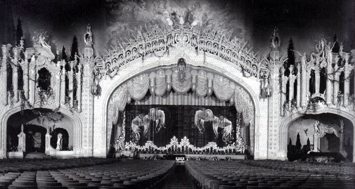 original american depression-era single-sided stamped brass paradise theater (non-extant) hub electric manufacturer plaque with black enameled background