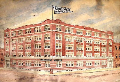 single refinished american industrial pressed and folded cold-rolled steel stackable lyon storage bin with intact heavy duty opposed drop handles