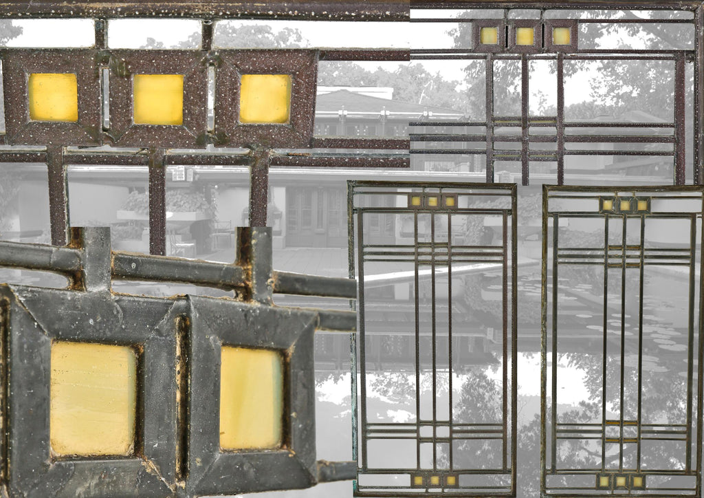 original historically-important frank lloyd wright-designed avery coonley house interior family room single leaded art glass window with intact zinc caming retaining bronze wash