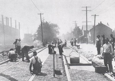 c. late 19th or early 20th century original antique american industrial solid creosoted yellow pine wood chicago street wood block pavers