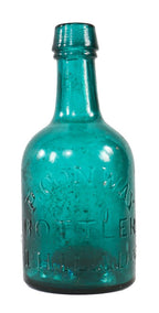c. 1855 privy-dug deep teal iron pontiled porter bottle with applied double tapered finish distributed by bottler patrick conway of philadelphia, pa.