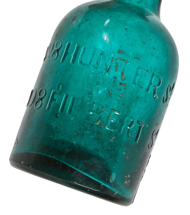 c. 1855 privy-dug deep teal iron pontiled porter bottle with applied double tapered finish distributed by bottler patrick conway of philadelphia, pa.