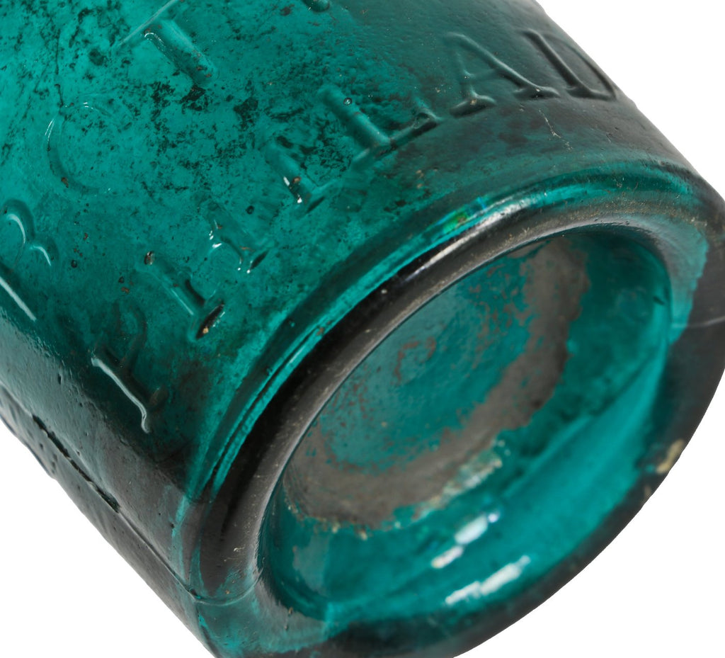 c. 1855 privy-dug deep teal iron pontiled porter bottle with applied double tapered finish distributed by bottler patrick conway of philadelphia, pa.