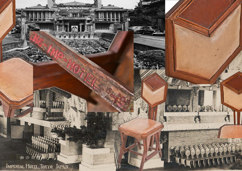 original historically important hexagonal-backed or "peacock"  imperial hotel oil cloth upholstered soak wood side chair designed by frank lloyd wright