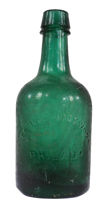 late 1840's or early 1850's dark emerald green heavily whittled iron pontiled dyottville glassworks squat or porter style "philly green" antique american bottle with tapered collar