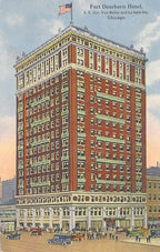 original c. 1914 single-sided stamped brass fort dearborn hotel cutler mail chute company plaque with nicely aged surface patina