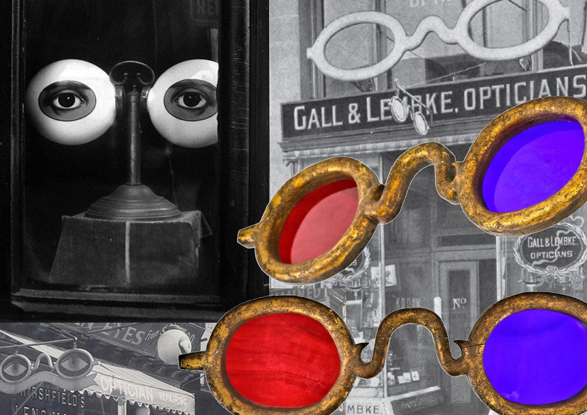 exceptional c. 19th century all original diminutive antique american visually striking optician or optometrist storefront trade sign with original gilded finish over wood and "flash" glass lenses