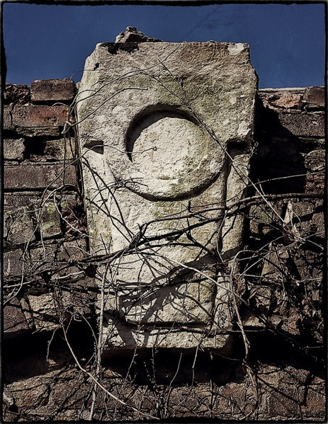 remarkable original single oversized historically important hand carved ornamented late 1860's german school building exterior keystone with deeply recessed circle design