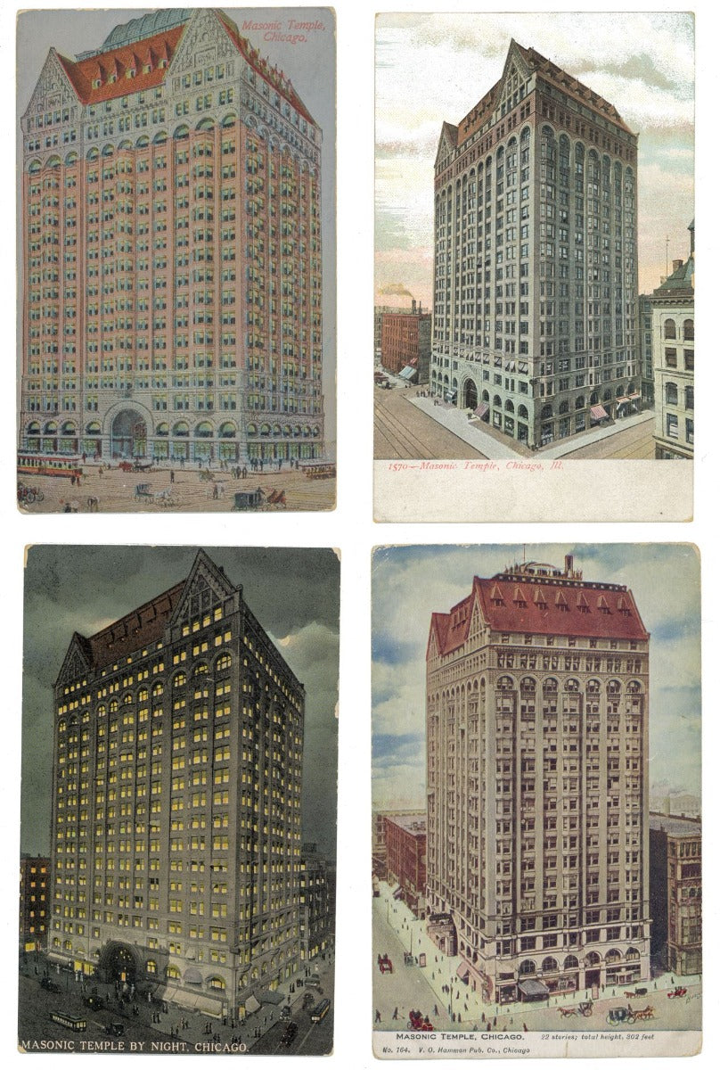 group of four early 20th century antique american postcards of chicago's masonic temple by burnham and root