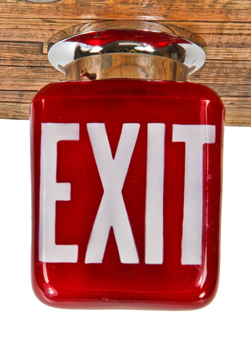 late 1920's original chicago commercial building ceiling mount hallway illuminated ruby red glass double-sided wedge shaped exit sign with polished chrome fitter
