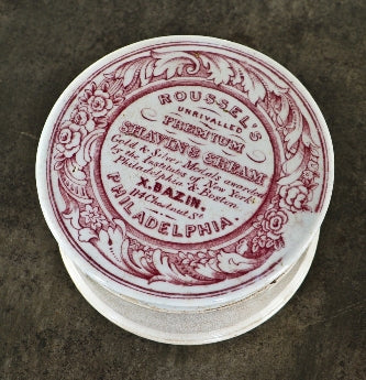 original c. 1850's antique ceramic shaving cream jar or "pot lid" manufactured for x. bazin of "roussel's" pefumery in philadelphia, pa.