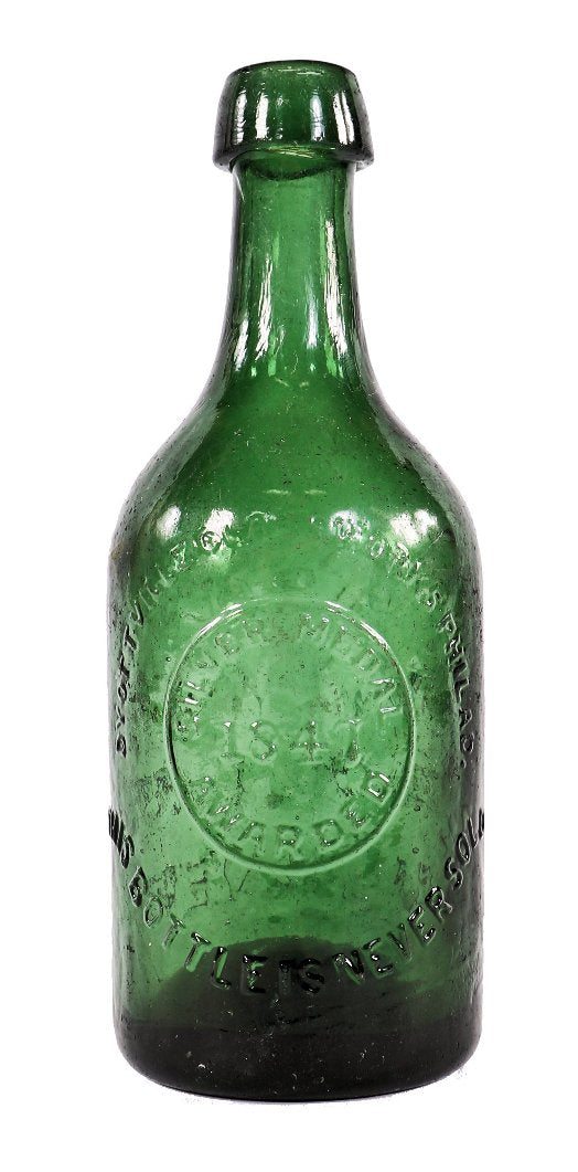 original and amazingly intact (1847-1855) dark emerald green glass antique american iron pontiled "silver medal" soda water bottle with applied tapered lip