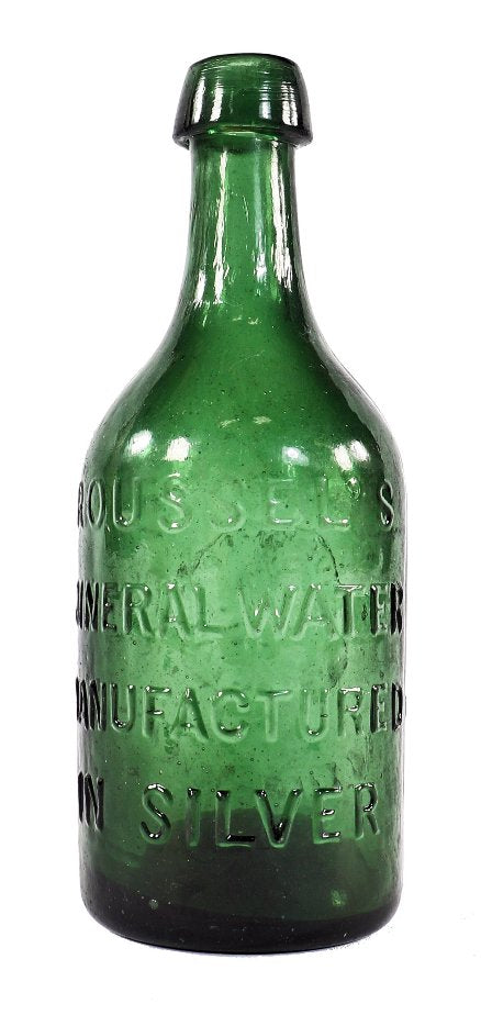 original and amazingly intact (1847-1855) dark emerald green glass antique american iron pontiled "silver medal" soda water bottle with applied tapered lip