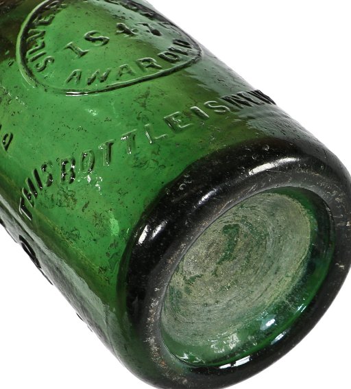 original and amazingly intact (1847-1855) dark emerald green glass antique american iron pontiled "silver medal" soda water bottle with applied tapered lip