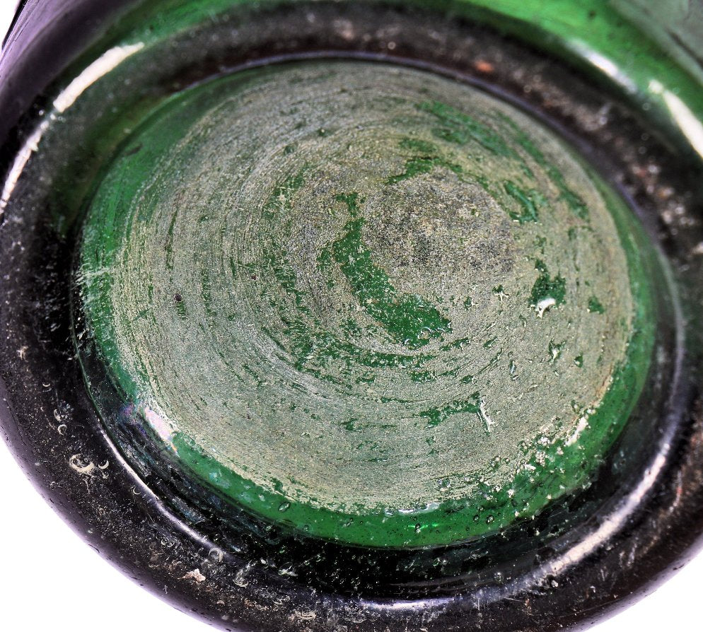 original and amazingly intact (1847-1855) dark emerald green glass antique american iron pontiled "silver medal" soda water bottle with applied tapered lip