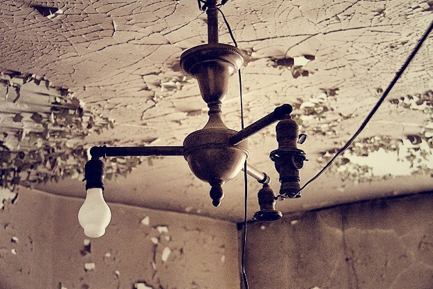 original chicago athletic club electric three-arm refinished yellow brass bare bulb ceiling fixture with matching key sockets